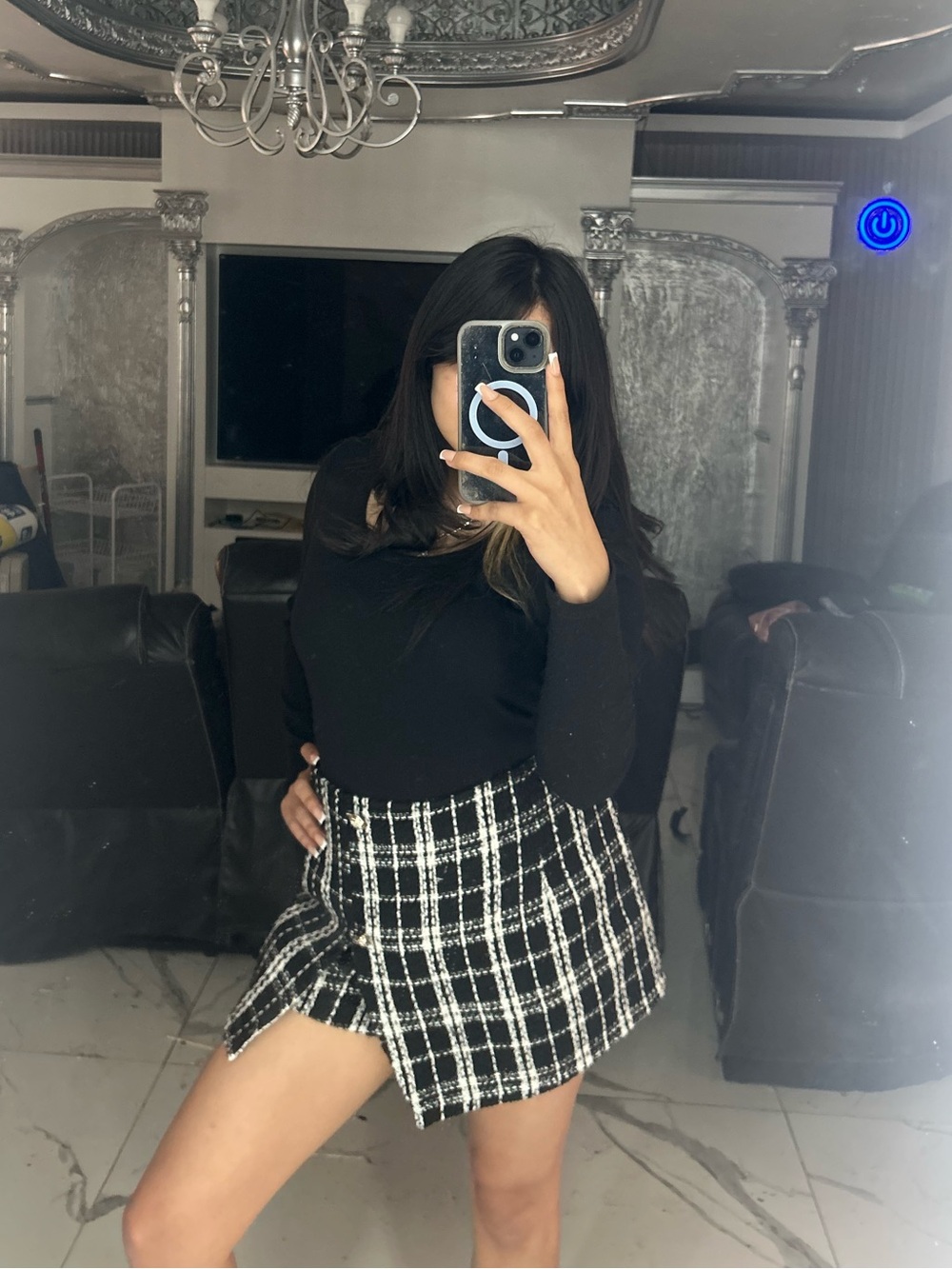 Black plaid skort skirt with built in shorts underneath